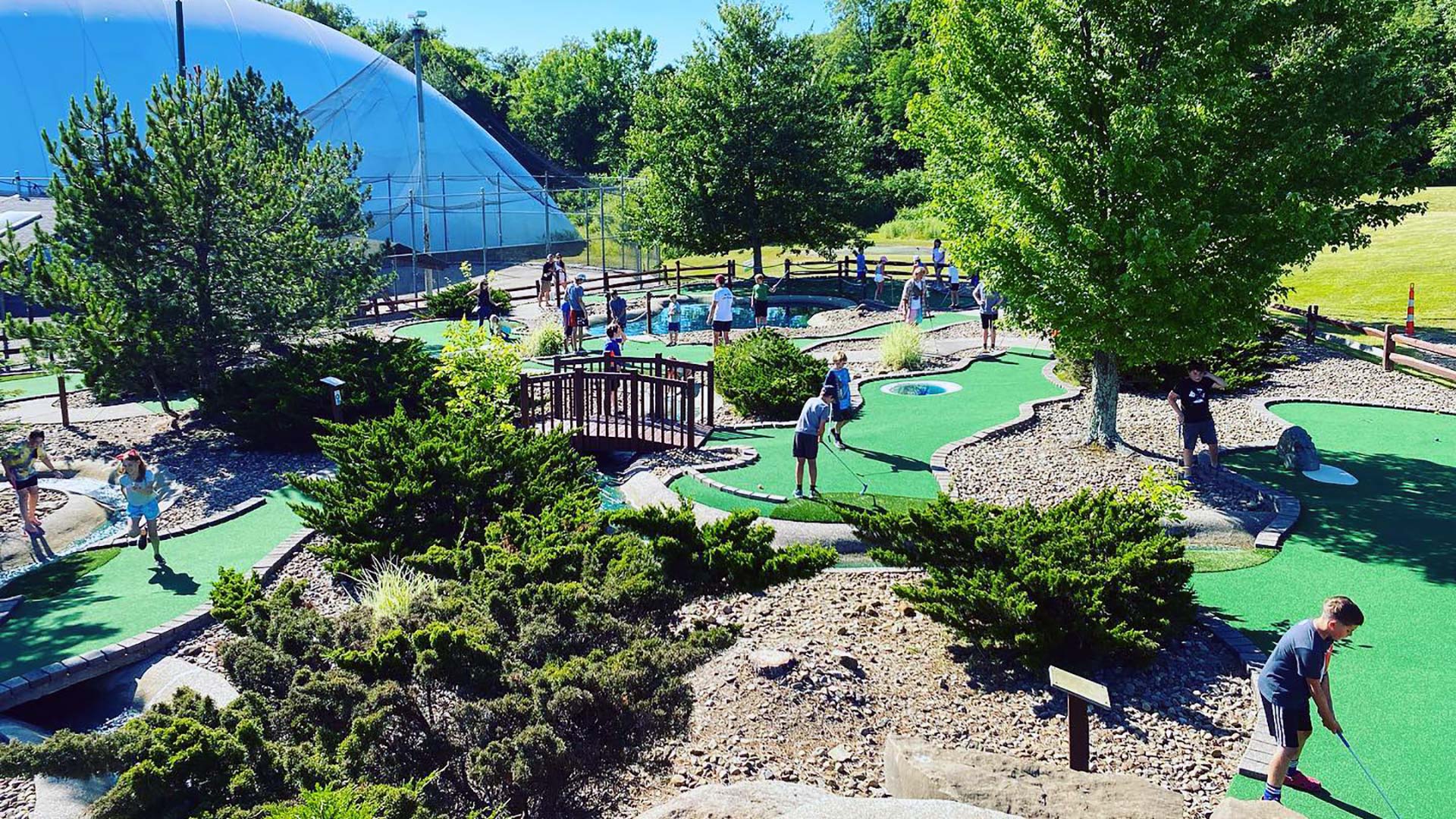 An aerial view of the miniature golf course at The Golf Dome